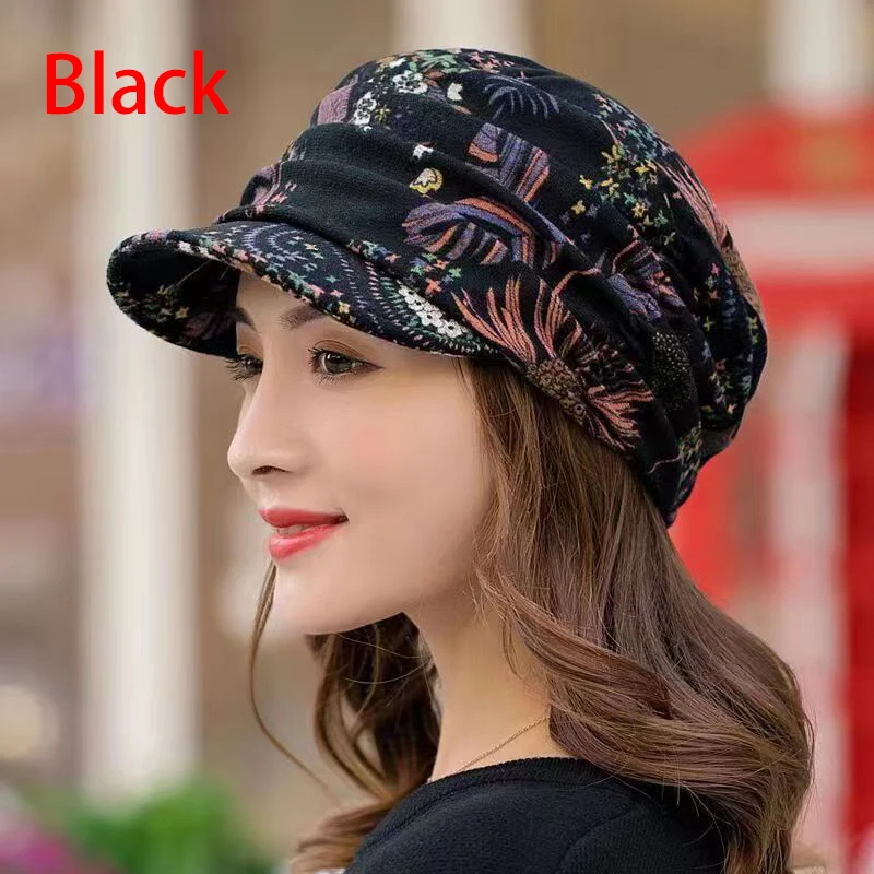 Fashion Women Warm Windproof Caps Floral Print Turban Visor Wide-Brimmed Hats Winter Turbante Cap Apparel Accessories