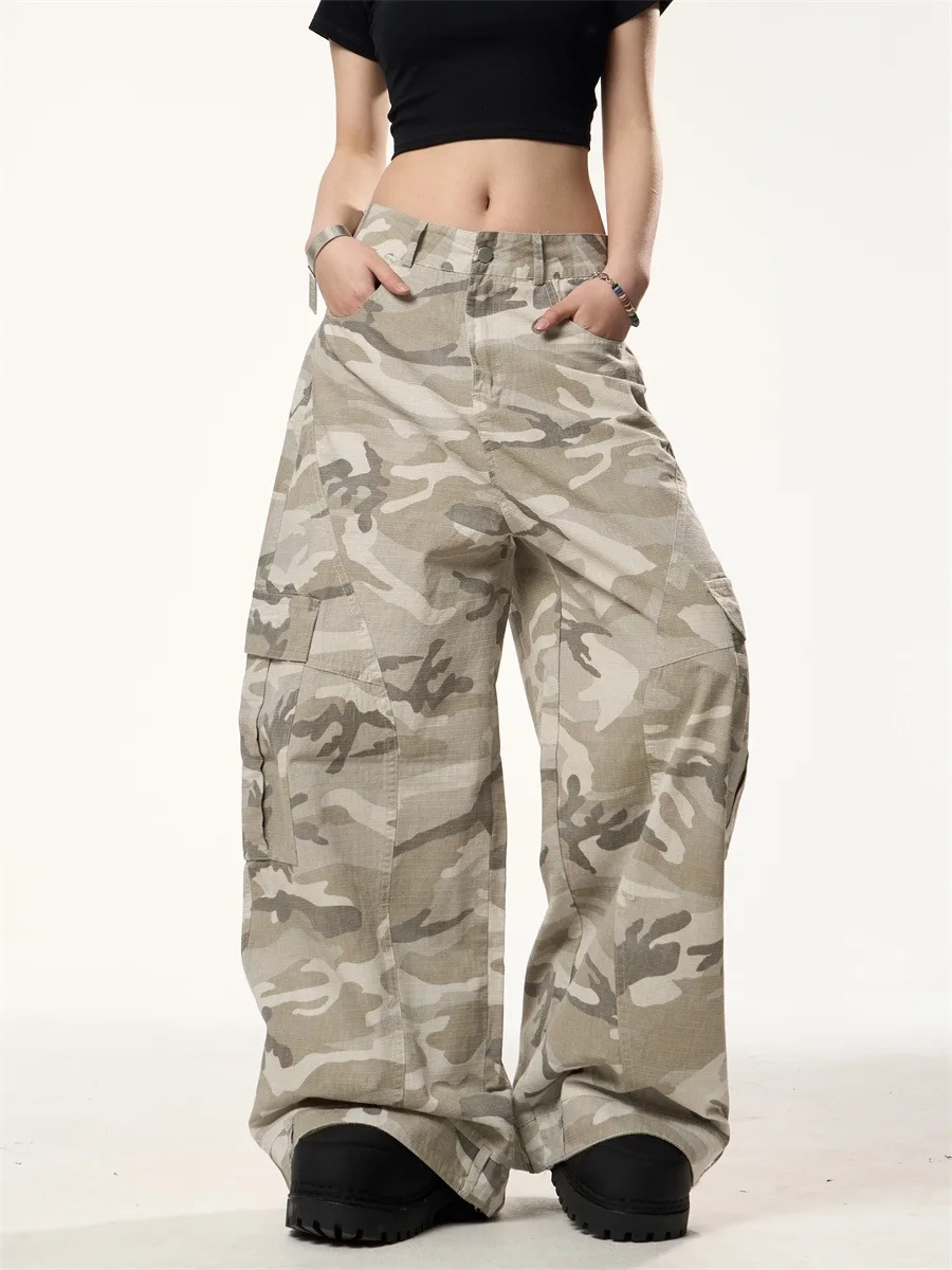 Y2K Unisex Camouflage Work Pants American Retro Multi Pocket Banana Sickle Cut Loose Wide Leg Streetwear Pants