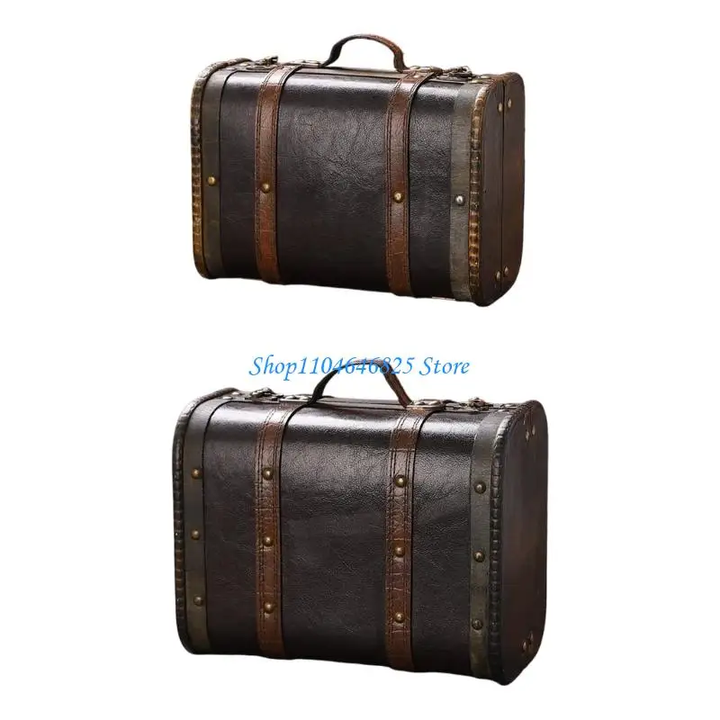 

Retro Wooden Suitcase Dust Resistant Leather Carry Handle Portable Organizers Wooden Organizers Box for Household Storage