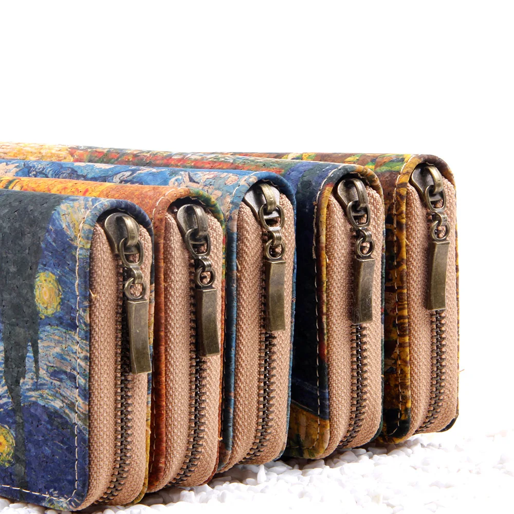 Classic Oil Painting Theme Long Wallet, Starry Sky Pattern Clutch Coin Purse, Retro Ultra-light Cork Texture Credit Card Holder