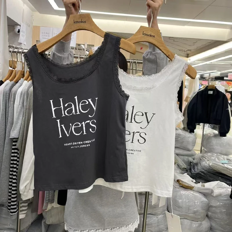 동다 여름 신상 레터 프린트 레이스 스플라이싱 슬림 스트랩 베스트 여성 패셔너블 다용도 레이스 트림 코르셋 탑