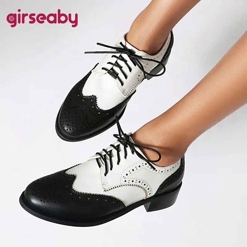 

Girseaby Retro Modern Women Flats 3cm Heel Round Toe Lace Up Mixed Color Oversize 46 47 48 Daily Female Handmade Shoes Autumn