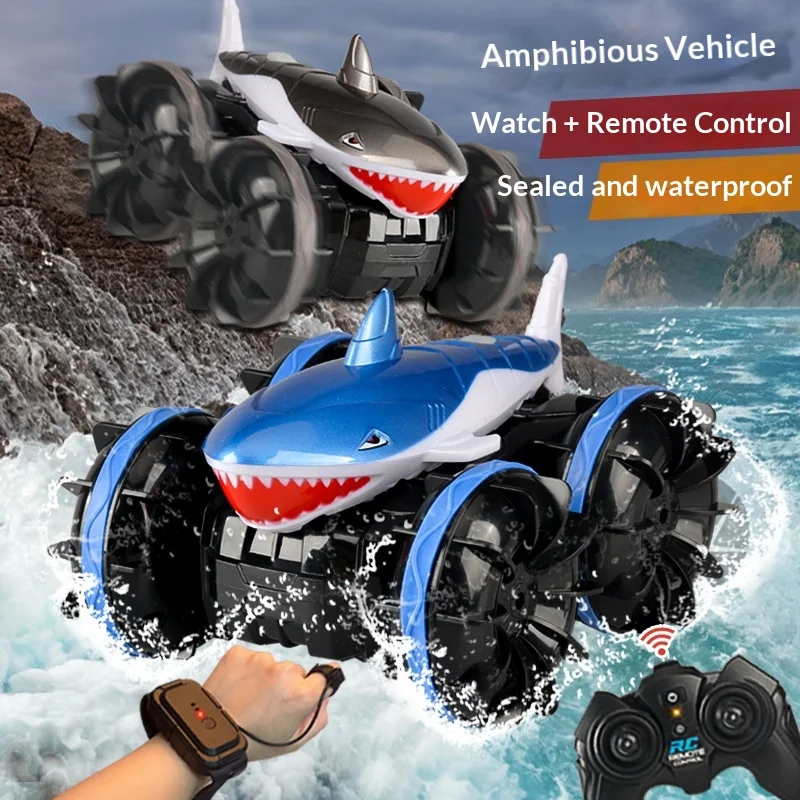 2,4G Dual-Control Amphibisches RC-Auto Hai-Stunt-Auto Wasser-Land Ferngesteuertes Armbanduhr-Modell Elektrisches Spielzeug für Kinder