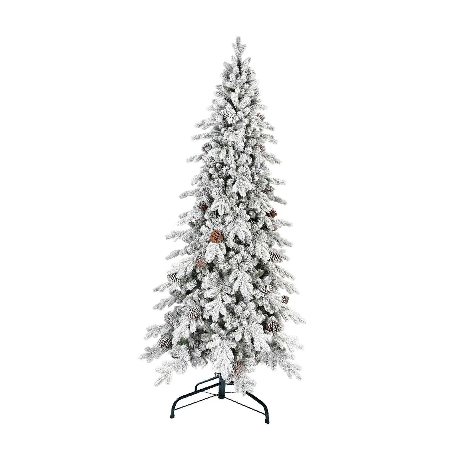 

Snowy Pine Cones Flocked Christmas Tree Slim PVC Hinged Branches Stable Metal Stand for Entryway Decoration