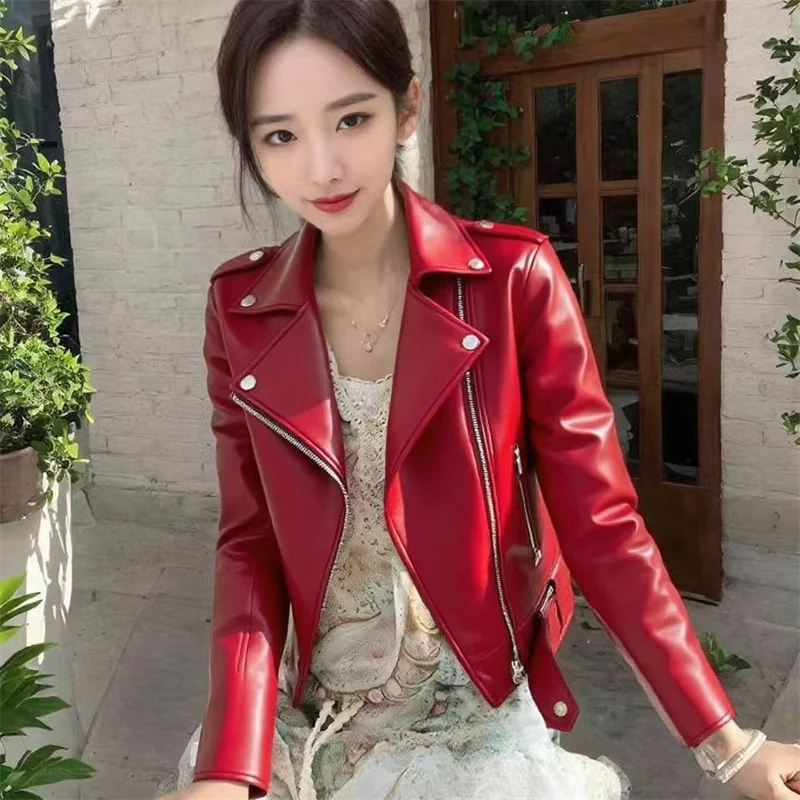 신상품 2025 여성용 숏 모터사이클 재킷 한국 버전 PU 가죽 재킷 슬림 봄 가을 코트 아우터웨어 노랑 빨강 검정
