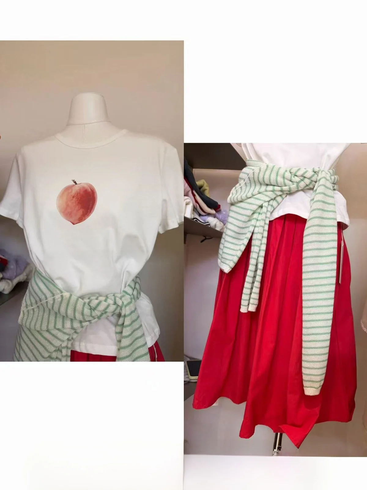 

Комплект из двух предметов: футболка Sinbounboun с круглым вырезом и коротким рукавом, красная юбка А-силуэта. Женская мода Весна-Лето.