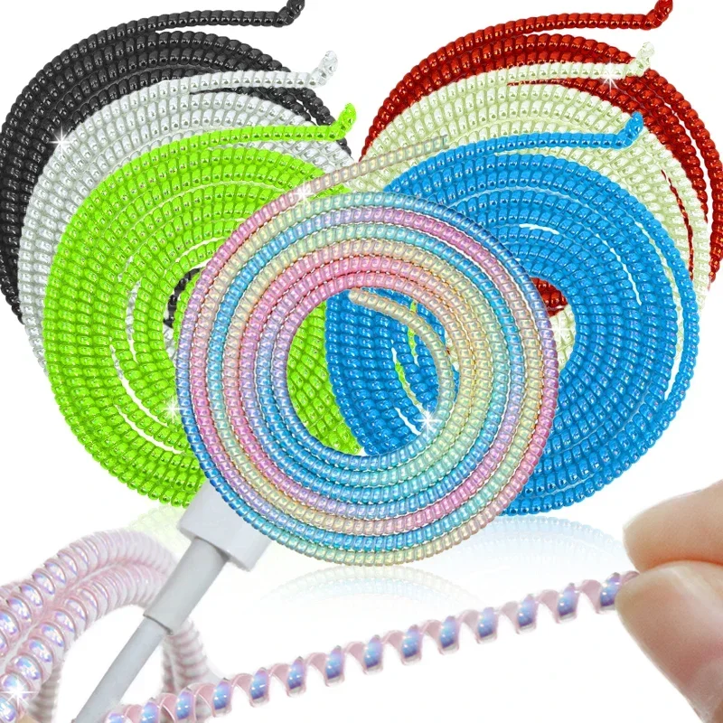 Universal 1.6m Laser Color Charging Cable Sprial Protector Earphone Wire Wrap Cord Winder Data Line Protection Cover Sleeve