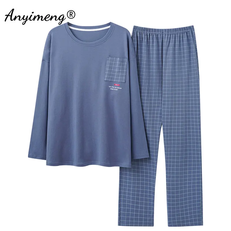 L-4XL ผู้ชายฤดูใบไม้ร่วงฤดูหนาวผ้าฝ้ายนุ่มชุดนอน Sleepwear ความยาวเต็ม Pijamas Elegant พลัสขนาดรอบคอชุดนอน