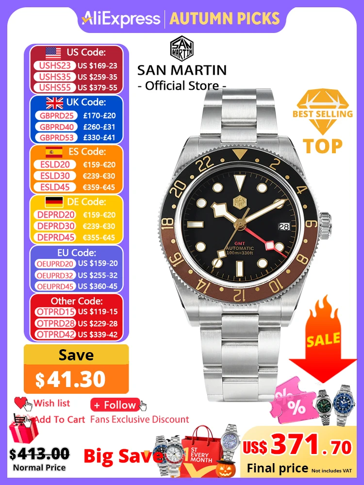 San Martin Root Beer Classic Vintage Luxury Men's Watch 39mm NH34 GMT Automatic Mechanical Watch Sapphire Waterproof 100m SN0109