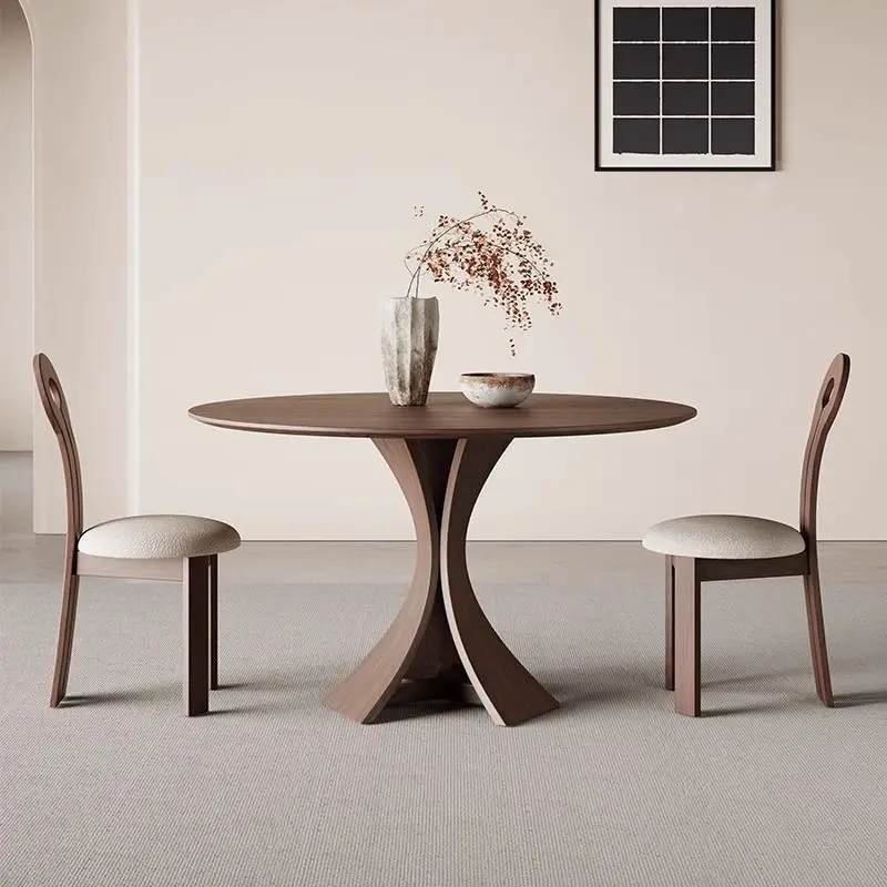#Solid Wood Round Vintage Style Small Apartment Dining Table Office Reception Modern Simple High-end Negotiation Table