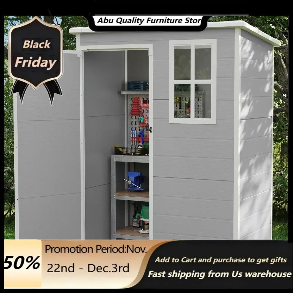 Storage Shed, Outdoor Storage Shed 5x3 FT, Plastic Garden Shed For Bike, Garbage Can, Tool, Outside Sheds & Outdoor Resin