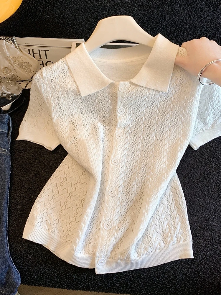 

Женская тонкая вязаная футболка с вырезами, мягкая, удобная, в корейском стиле, свободного кроя, летний топ для повседневной носки