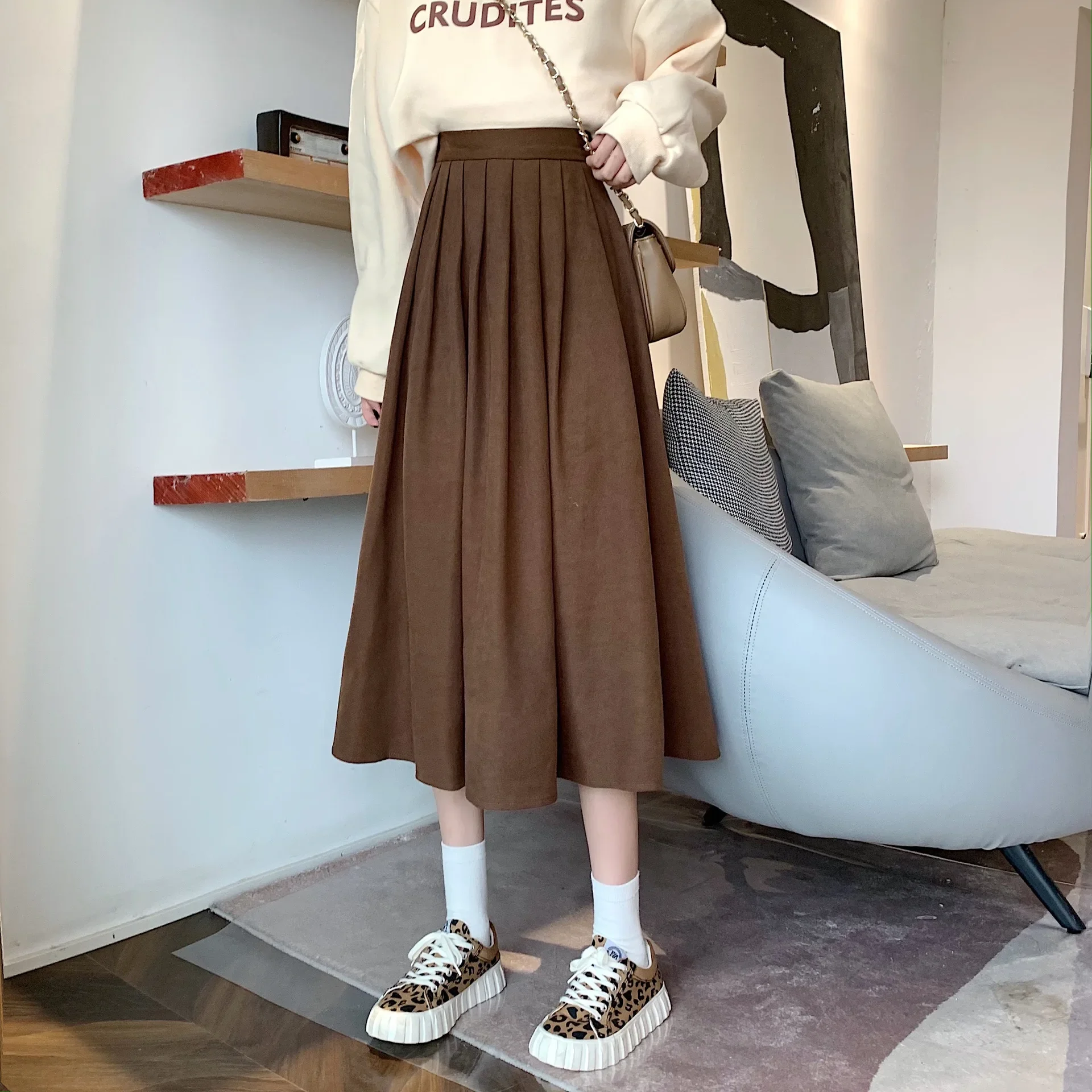 Pleated Skirt Women Korean Fashion Thick Long Skirts High Waist A-line Ladies Autumn Winter Elegant College Style Midi Skirt