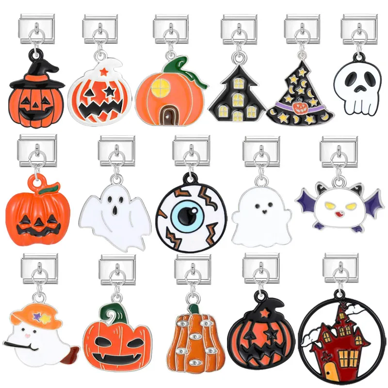 Paderison Halloween Series Hat Castle Ghost Pumpkin Italian Charm Links Fit 9mm Bracelet Stainless Steel DIY Jewelry Making