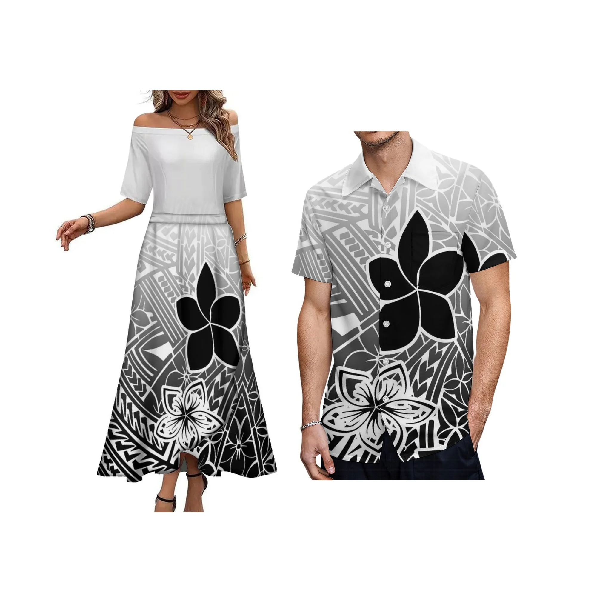 2025 ใหม่มาถึงที่กําหนดเองพิมพ์ผู้หญิงปิดไหล่ Polynesian จีบกระโปรงชุดลําลอง Match PLUS ขนาด Aloha ชายเสื้อ