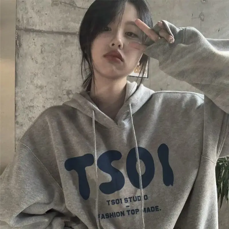 

Thin letter gray sweatshirt women's trendy ins autumn and winter loose bf lazy style drawstring hooded top for women y2k tops