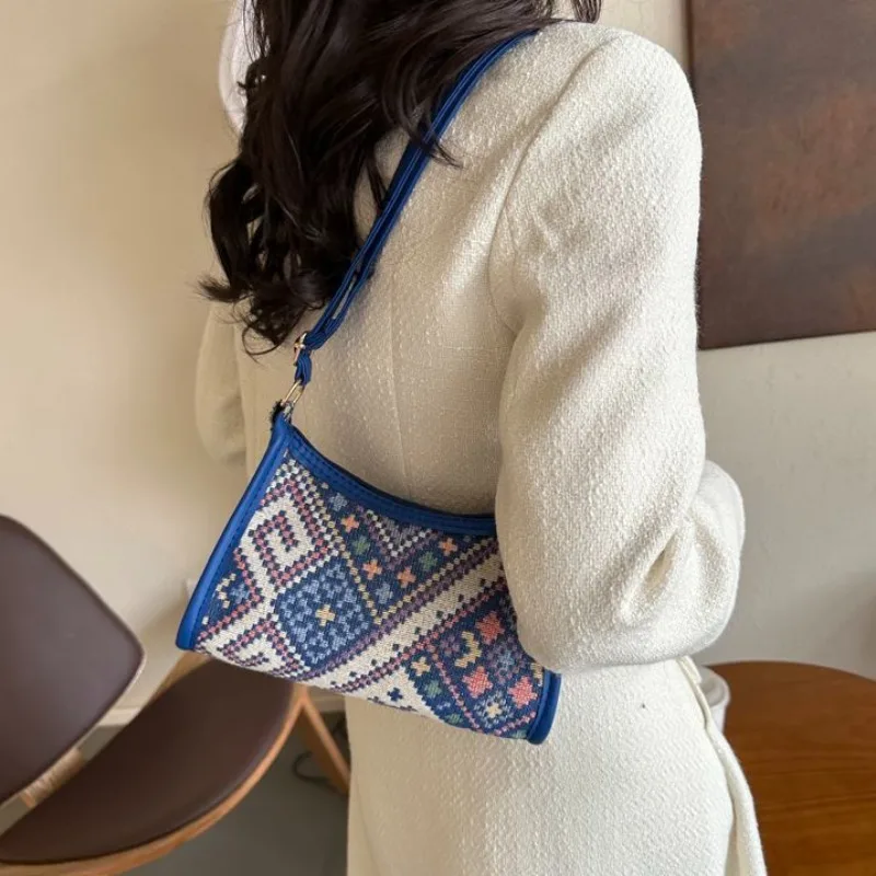 Ladies Ethnic Canvas Bag 2024 New Fashion Shoulder Bag Casual Small Square Bag Printed Contrasting Armpit Bags Women Handbag