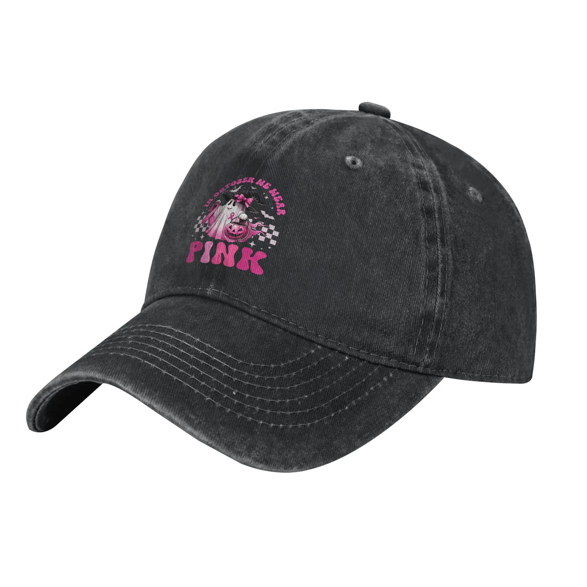 in October We Wear Pink Ghost Witch Breast Cancer Halloween Baseball Cap Sun  Kpop Rock Dropshipping Washed Trucker Hat