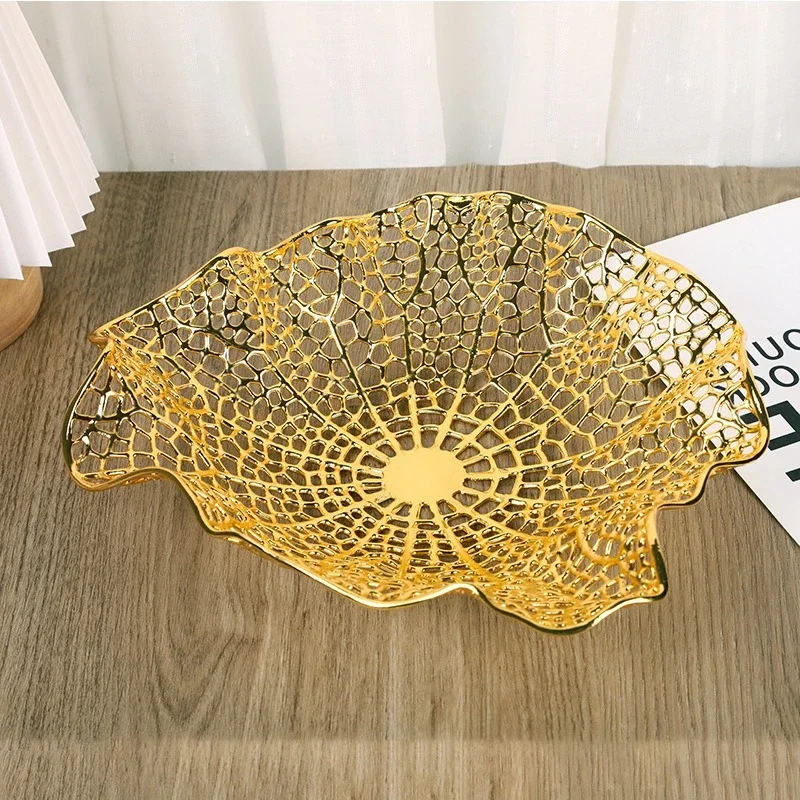 Metal Tray Hollowed-out Golden Lotus Leaf Fruit Platter Desktop Storage Container Folded Storage Trays Jewelry Dish