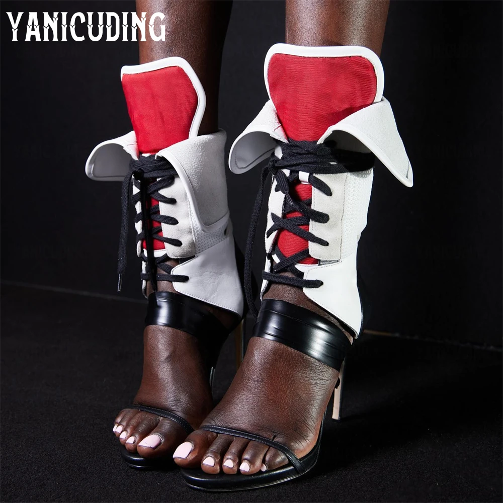 

Black Red White Open Toe Summer Sandal Booties Ankle Strap Stiletto Ankle Boots Designer Style Handmade Summer Boots for Women