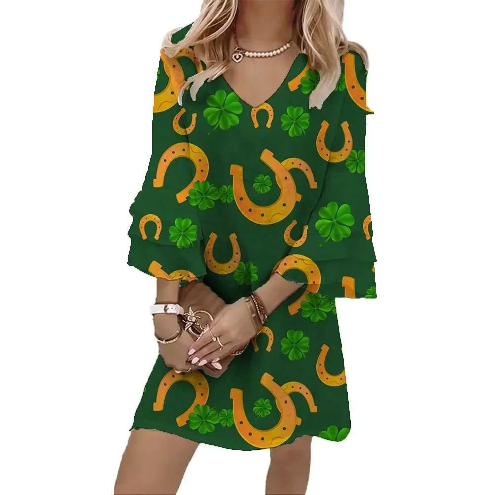 

Jumeast Horse Women's Casual V-Neck Dress with Flared Sleeves Four Leaf Clover Pattern Elegant Skirt for St. Patrick's Day