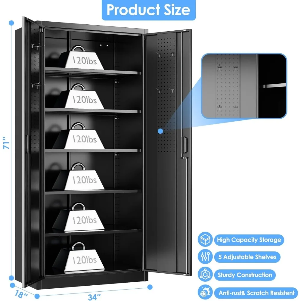 خزانة جراج معدنية مقاس 71 بوصة مع ألواح وخطافات، وخزانة تخزين الأدوات مع بابين و5 أرفف قابلة للتعديل للمكتب والمنزل،