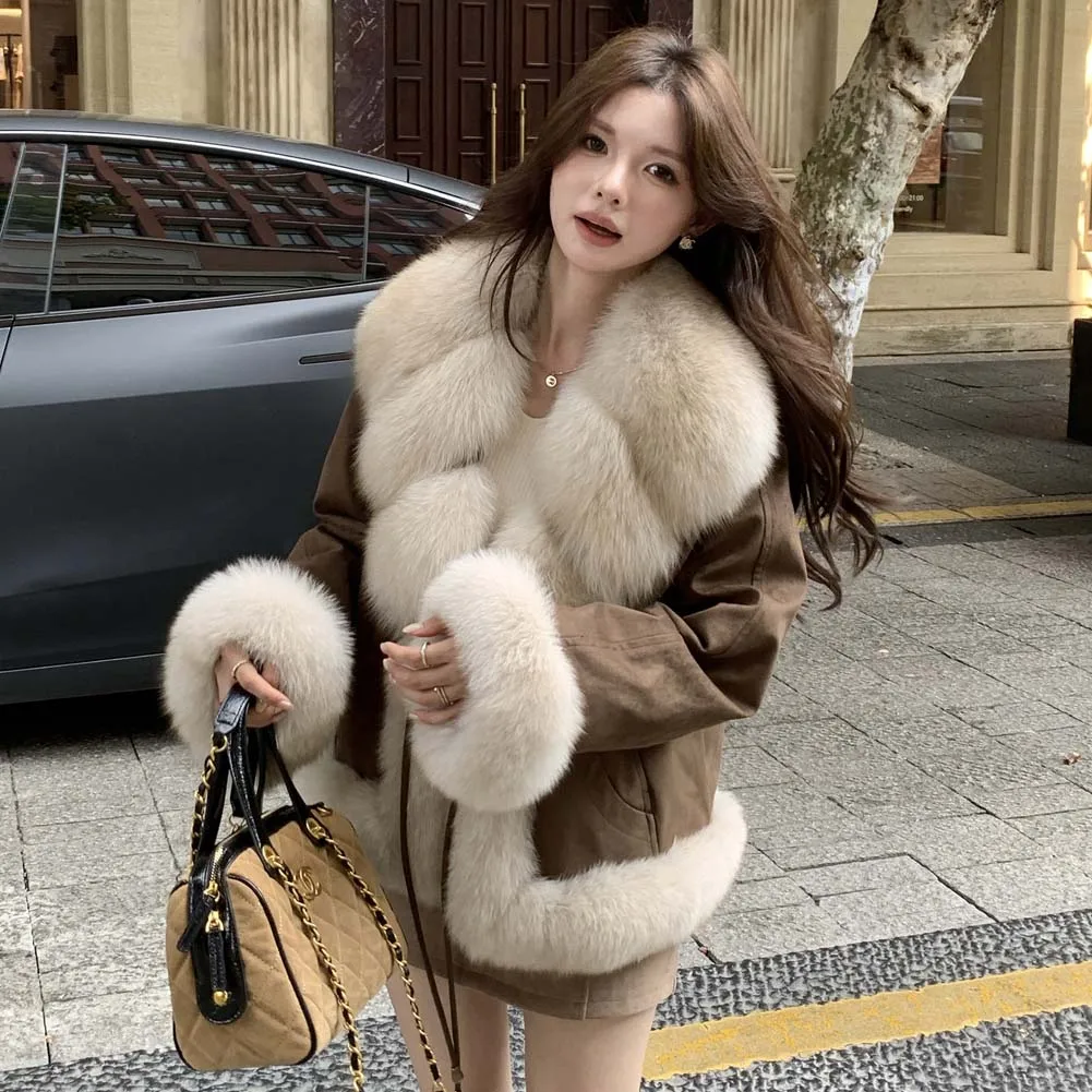 เสื้อโค้ทขนสัตว์คอปกใหญ่ รุ่นใหม่ ฤดูใบไม้ร่วง/ฤดูหนาว 2025 ขายดี บุด้วยขนห่าน คุณภาพสูง อุ่น นุ่มฟู คอปกใหญ่