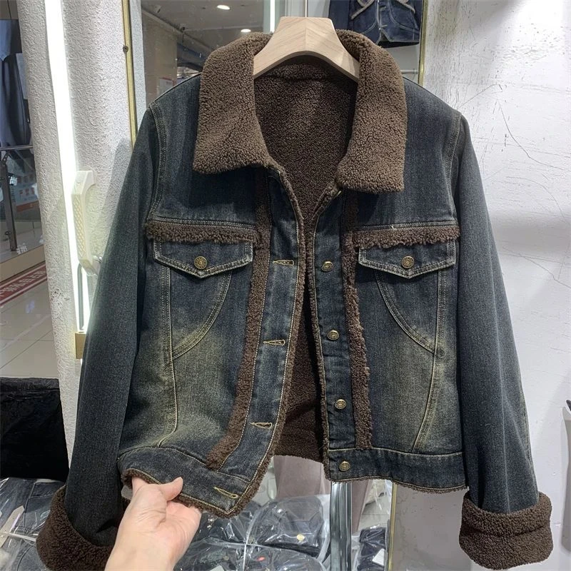 

Fashionable Fleece Lined Denim Jacket Women's Short Style Autumn Winter New Style Hong Kong Style Inner Fur Parka Coat