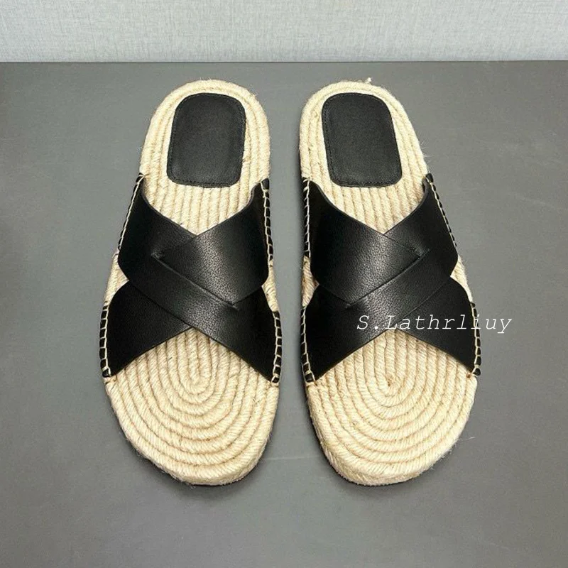 2024 Summer Open Toed Cross Strap Flat Slippers Men Solid Color Simple Comfortable Home Slides Outdoor Leisure Vacation Shoes