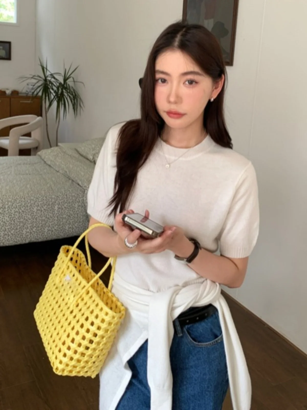 

Стильный летний женский тонкий свитер с круглым вырезом, универсальный дизайн, модный комплект из двух предметов, сочетающийся по цвету.