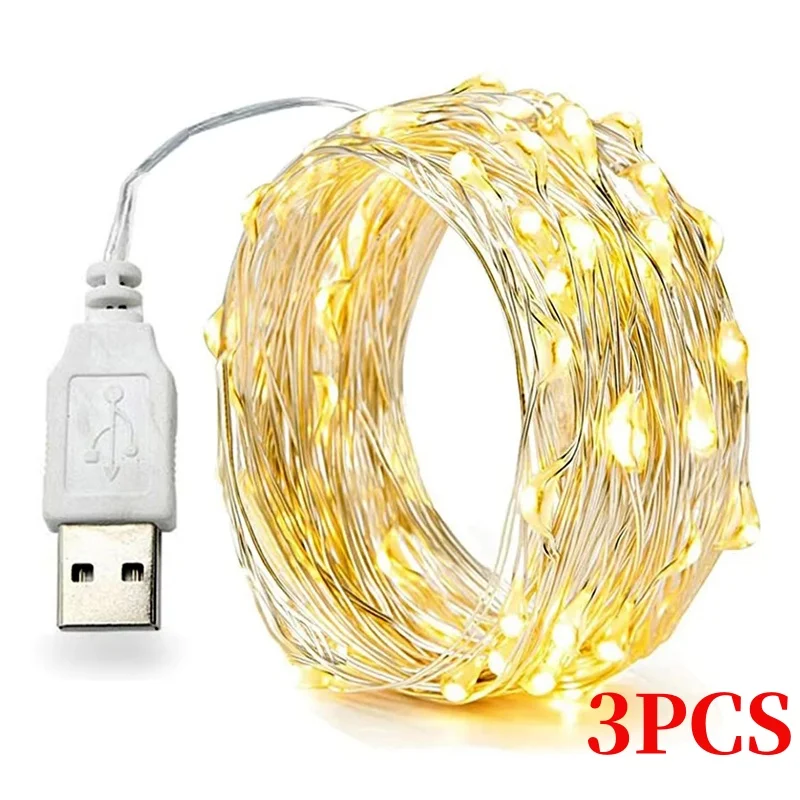 3PCS 5/10/20M Copper Wire LED Christmas Lights String USB Lamp Waterproof New Year Garland Fairy Light Wedding Party Decor