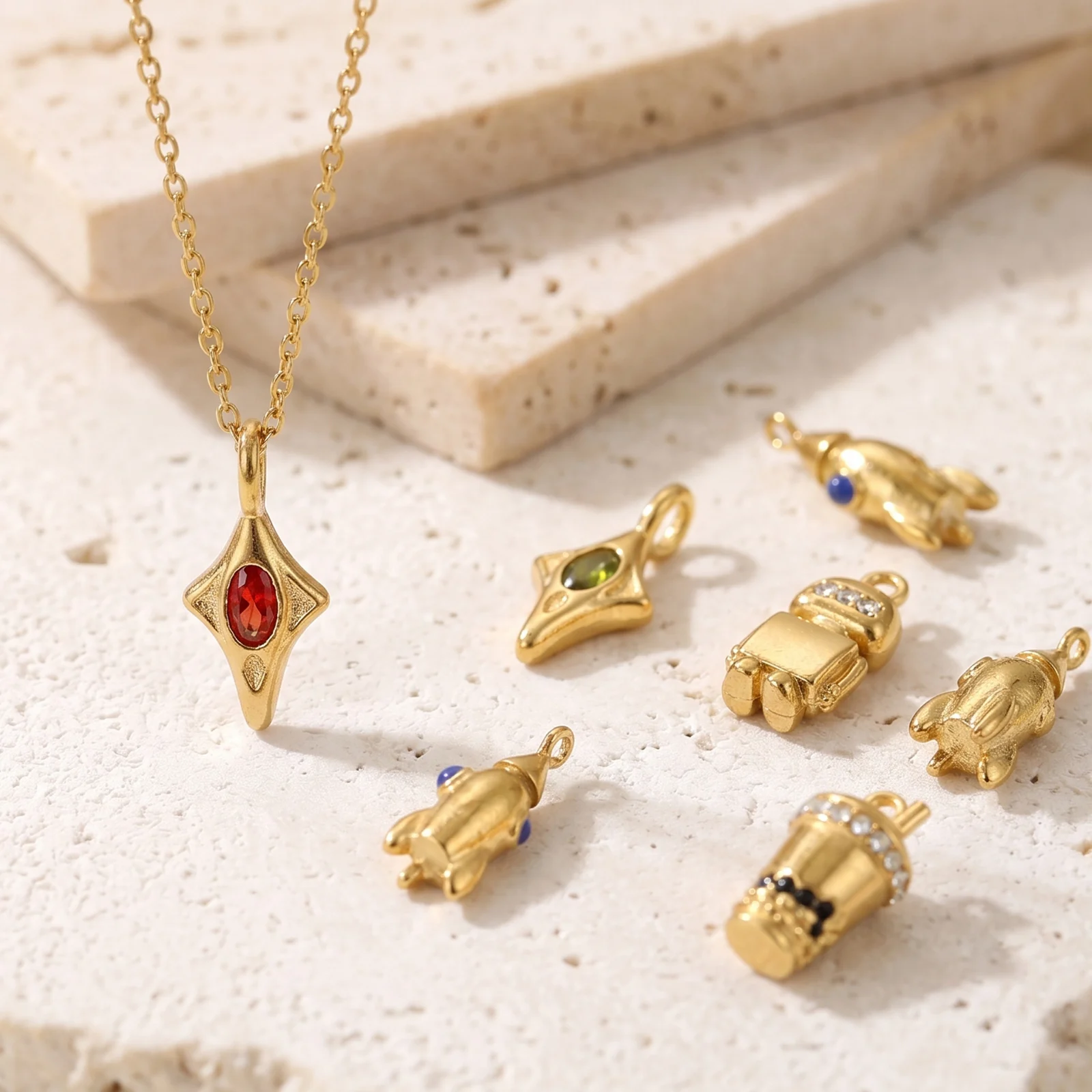 1Pc Space Theme Charms  Rocket Robot Boba Cup Star Rhinestone 304 Stainless Steel 18K Gold Plated Pendant For DIY Jewelry Making
