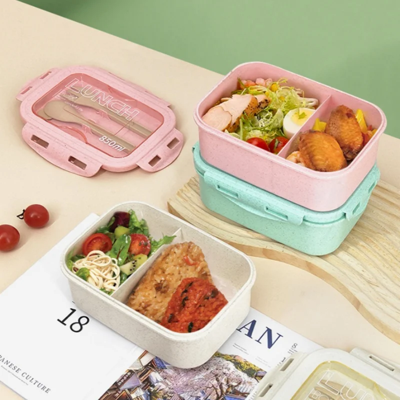 850ml Divided Lunch Box Portable Large Capacity Microwae Bento Box with Fork and Spoon Food Storage Container for School Camping