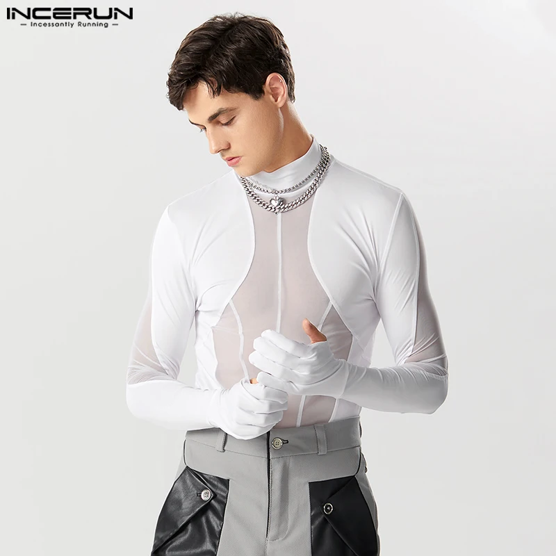 

2023 Men Bodysuits Mesh Patchwork Turtleneck Long Sleeve Gloves Rompers T Shirt Men Transparent Sexy Streetwear Bodysuit INCERUN