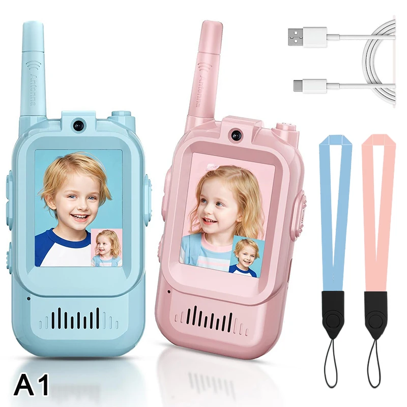 New 2pcs Video Walkie Talkies For Kids Rechargeable With Screen Display Voice Effects Long Range Outdoor Toys Birthday Gifts