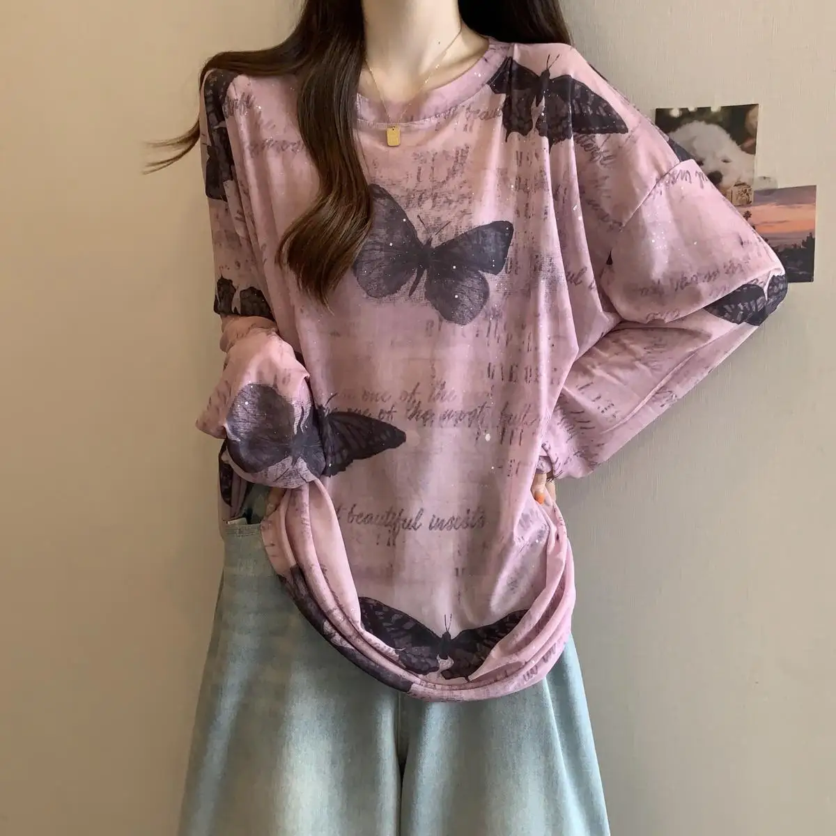 

Thin Mesh Sunscreen Shirt T-shirt Summer Large Size Women Slim Mid-length Tie-dye Top Slightly Transparent Blouse