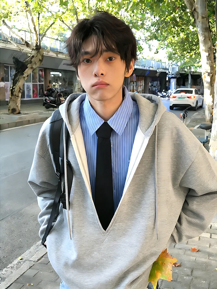 

Мужская толстовка с V-образным вырезом и имитацией двухслойности, весенняя, в университетском стиле, для пар, свободного кроя, с длинными рукавами