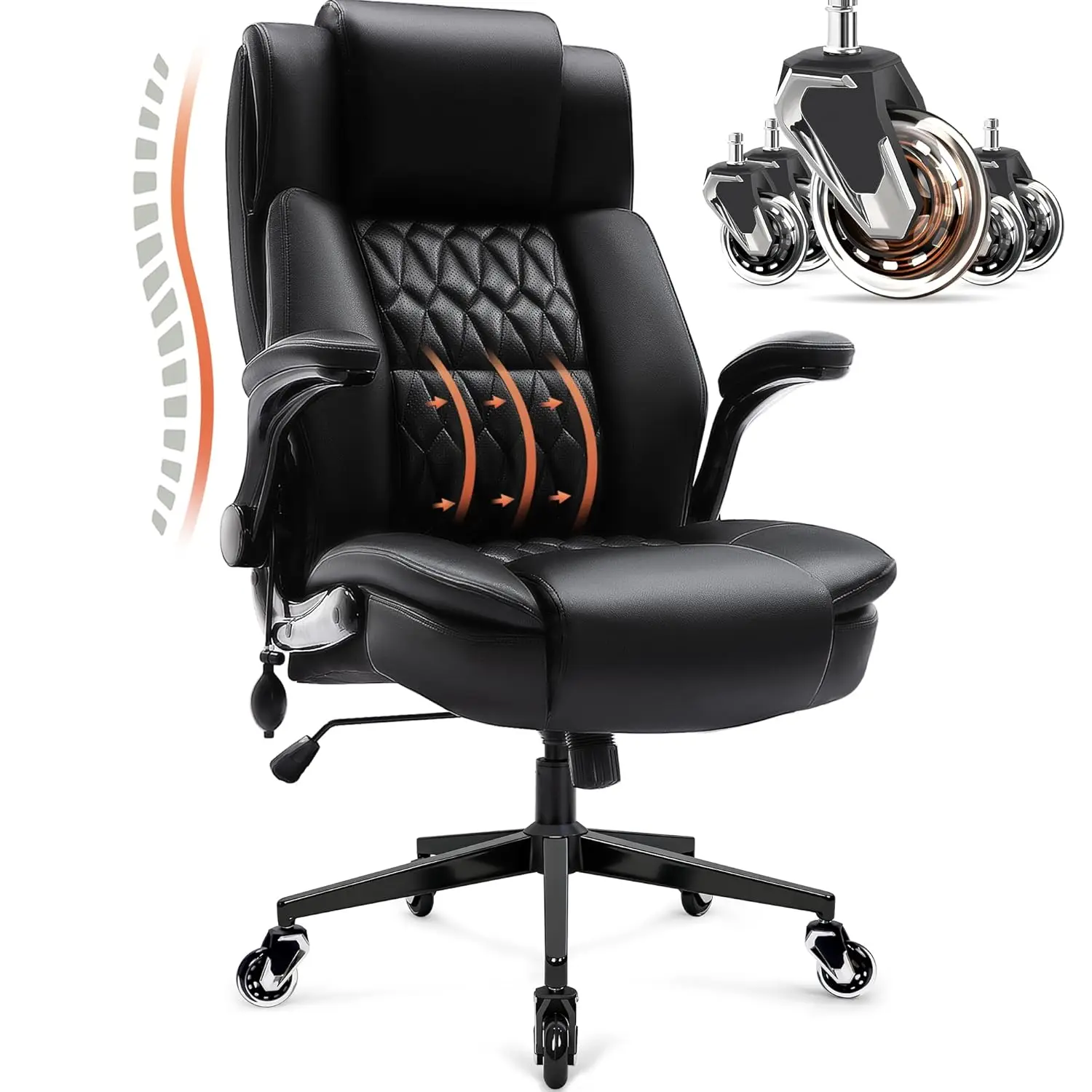 

High Back Executive Office Chair Adjustable Lumbar Support Flip-Up Arms Metal Base Bonded Leather 2 Storage Bags Customized