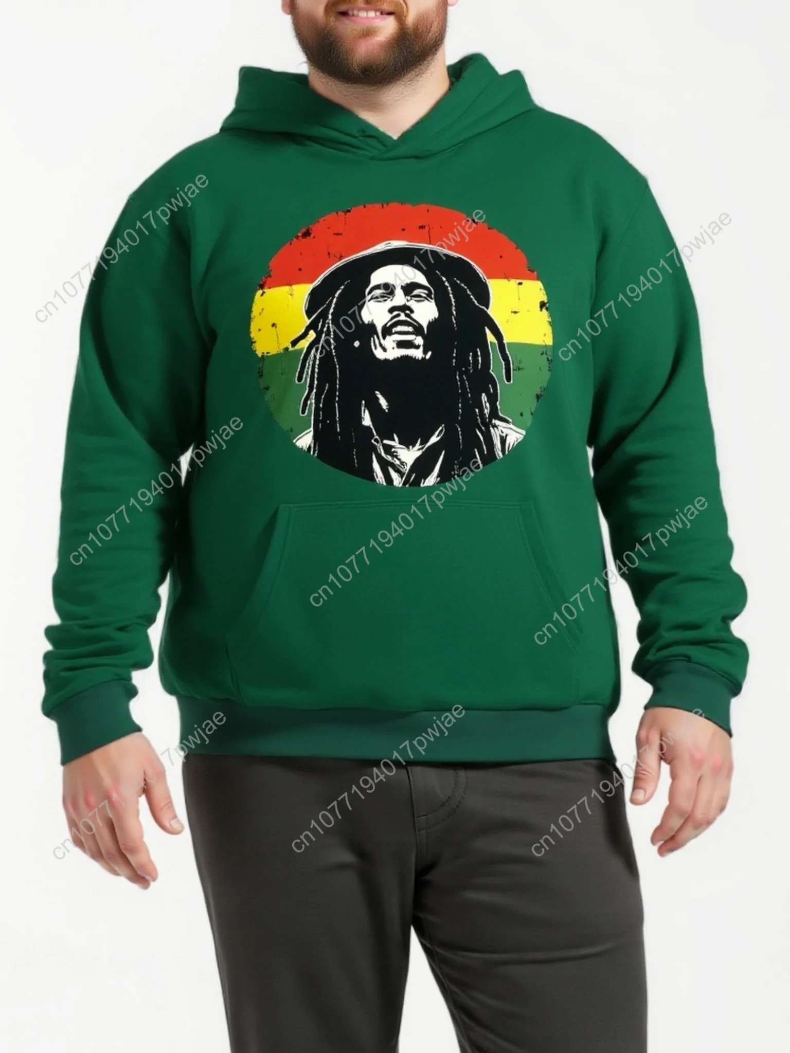 

[Rastafarian Hoodie, Plus Size] Plus Size Men's Green Hoodie - Rastafarian Flag Design, Casual Loose Fit, Long Sleeve, Non-Stret