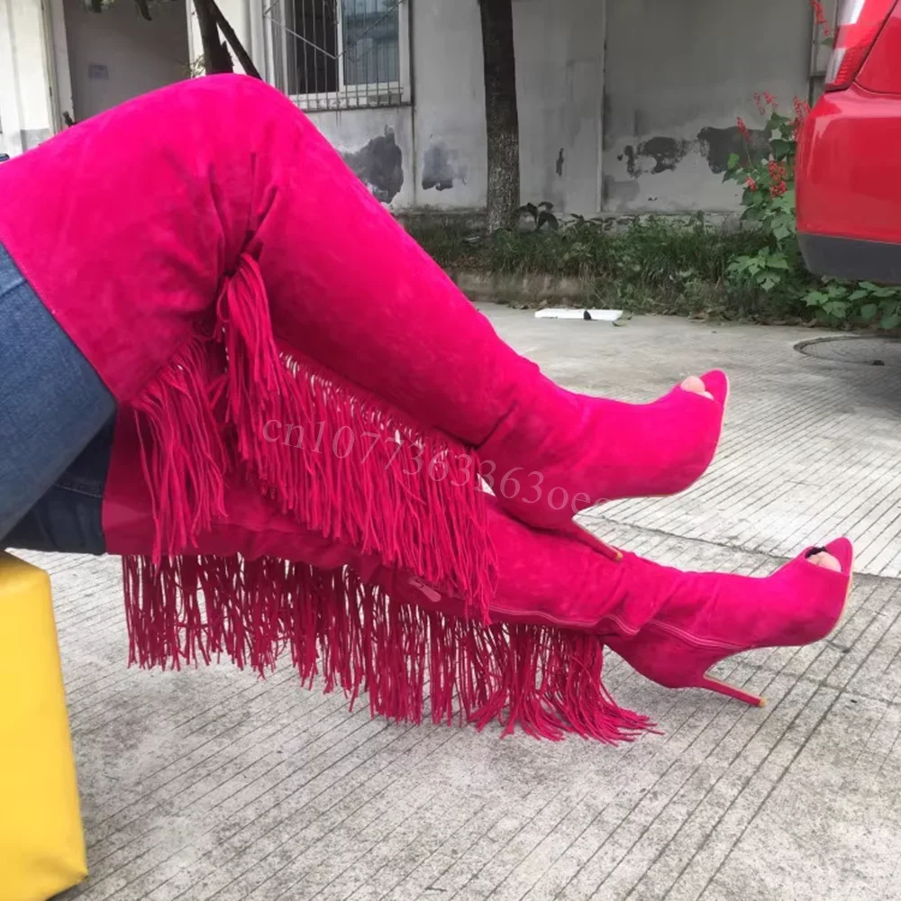

Suede Peep Toe Boots Tassels Decor over the Knee Shoes for Women Thigh High Thin High Heel Fashion Shoe 2025 Zapatos Para Mujere