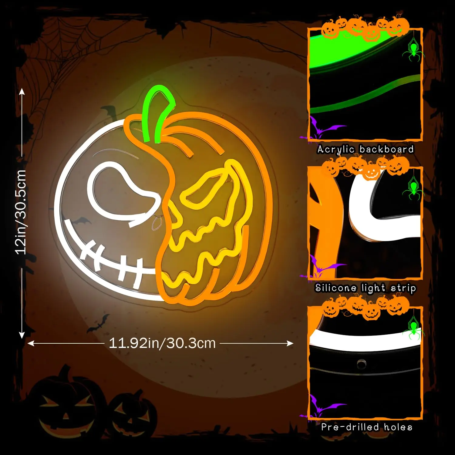 Neonowe lampy na Halloween, neonowa czaszka, lampy z dyniami, neon LED na Halloween do dekoracji ścian sypialni, dekoracje na Halloween, prezent na Boże Narodzenie