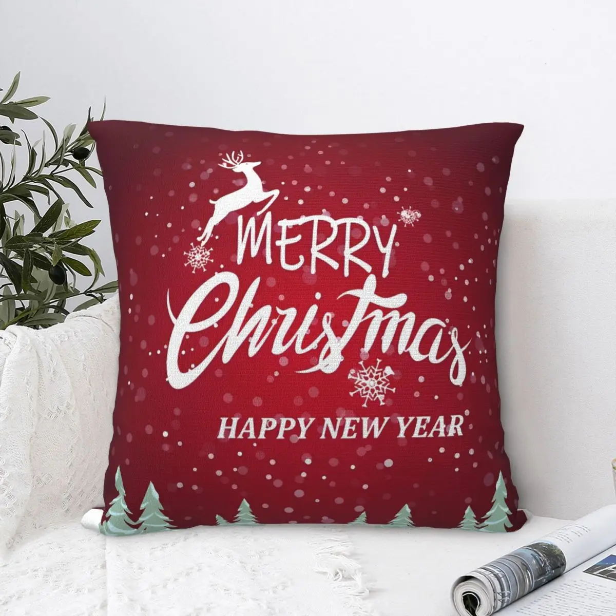 

Merry Christmas Pillowcase Polyester Cushion Cover Gift Santa Snowflake Elk Pillow Case Cover Home Zippered 45X45cm