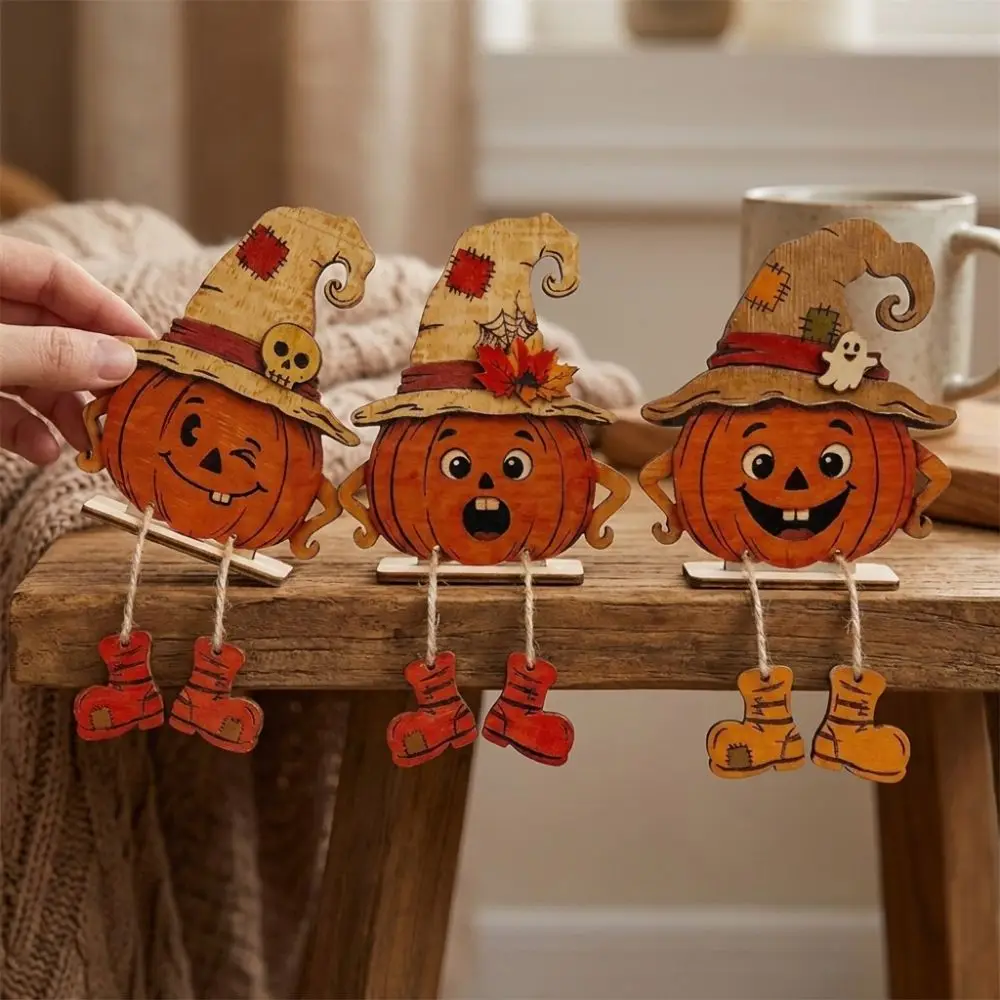 3Pcs 2D Flat Pumpkin-Shaped Wooden Ornaments Pastoral Hand Painted Fall Pumpkin Table Ornament with Legs Harvest Theme