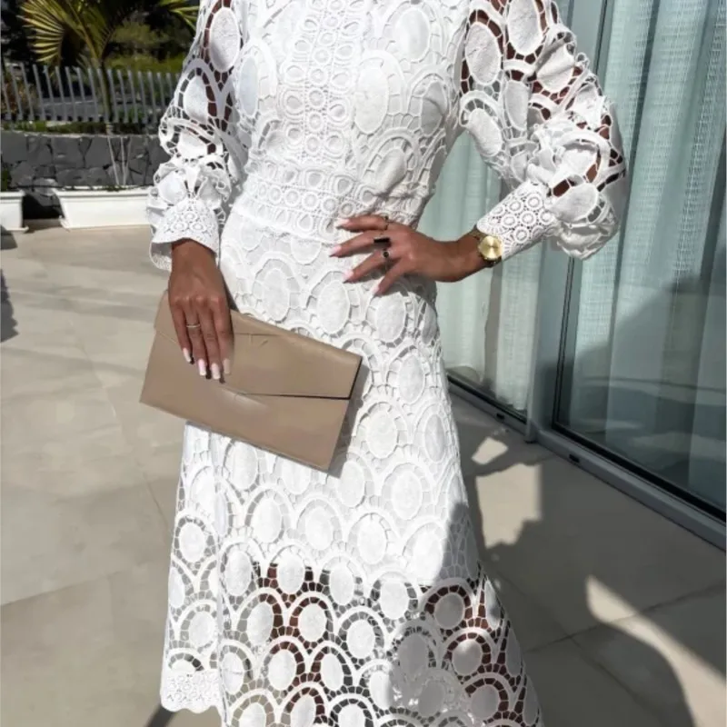 

Spring Autumn New Lace Standing Neck Bubble Sleeves Wrapped Waist For Slimming Dress Elegant Holiday Party Long Dress