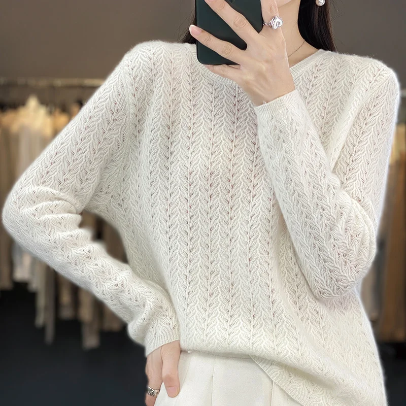 Autumn/Winter New 100% Pure Wool Sweater Casual Solid Color Knit Blouse Round Neck Hollow Tops Fashion Ladies Pullover