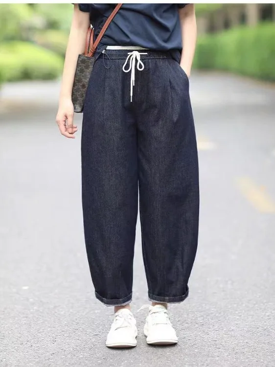 

High Waist Dad Jeans Women's New 2025 plus Size Pear ape Slim Elastic Harlan Nine Point Pants Casual Loose Fit Summer Thin