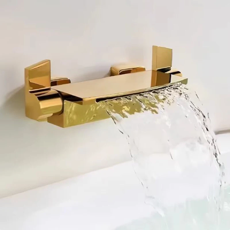 Geborsteld goud badkuipkraan messing wandmontage badkamer douchekraan mengkraan met handdouche waterval uitloop bad doucheset