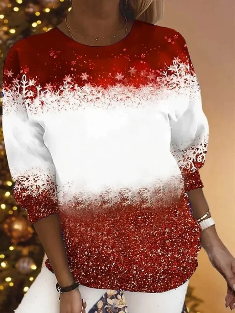 

New Women's Christmas Snowflake Print Sweatshirt Festive Pullover Hoodie Long Sleeve Casual Wear Spring Fall Holiday Style top