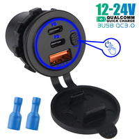 75W USB Charger Socket Power Outlet with Power Switch Dual PD USB-C Port Waterproof QC 3.0 12-24V for Car Boat USB Outlet