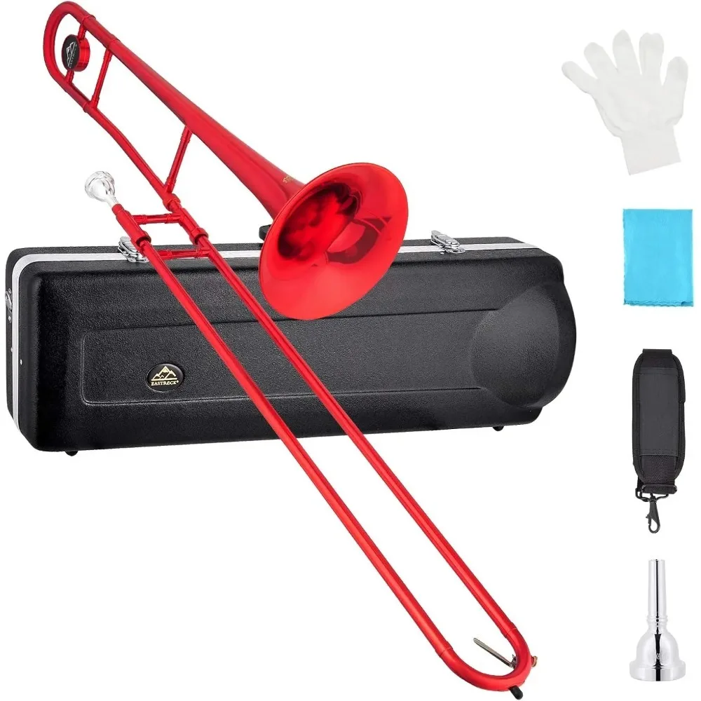 

Tenor Slide Trombone Brass Instrument with Hard Case, Mouthpiece, Gloves for Beginners, Red